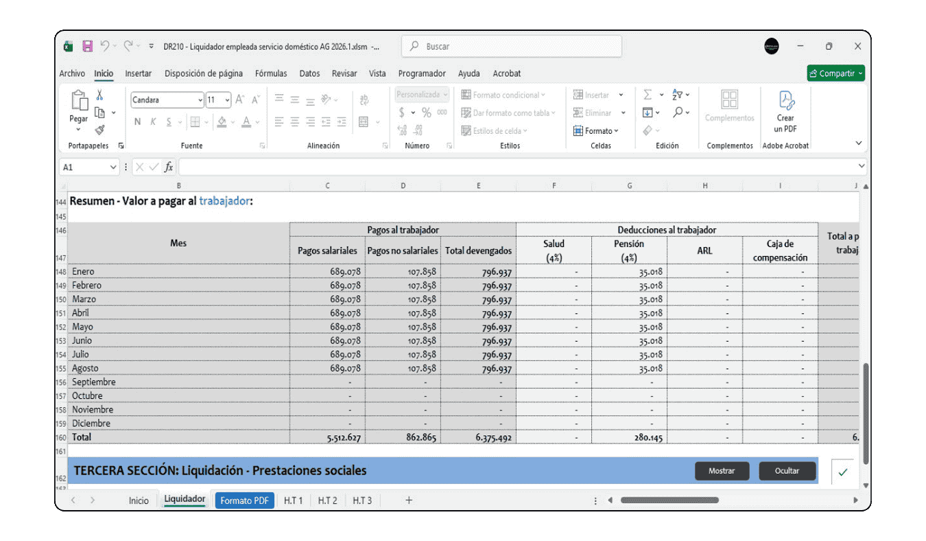 Cálculo del auxilio de transporte proporcional para jornadas de servicio doméstico de 1 a 5 días a la semana.