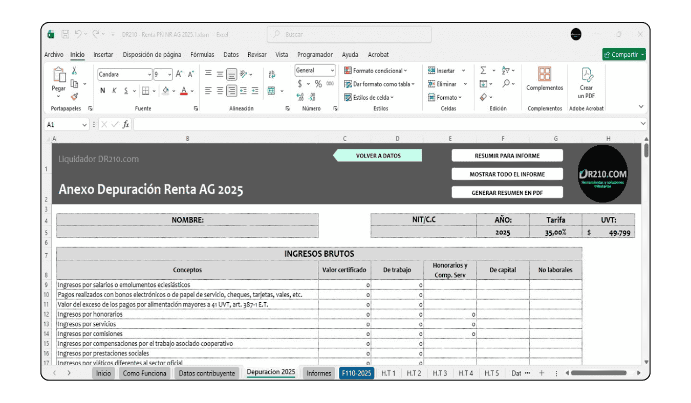 Borrador automático del Formulario 110 para la declaración de renta de personas naturales no residentes.