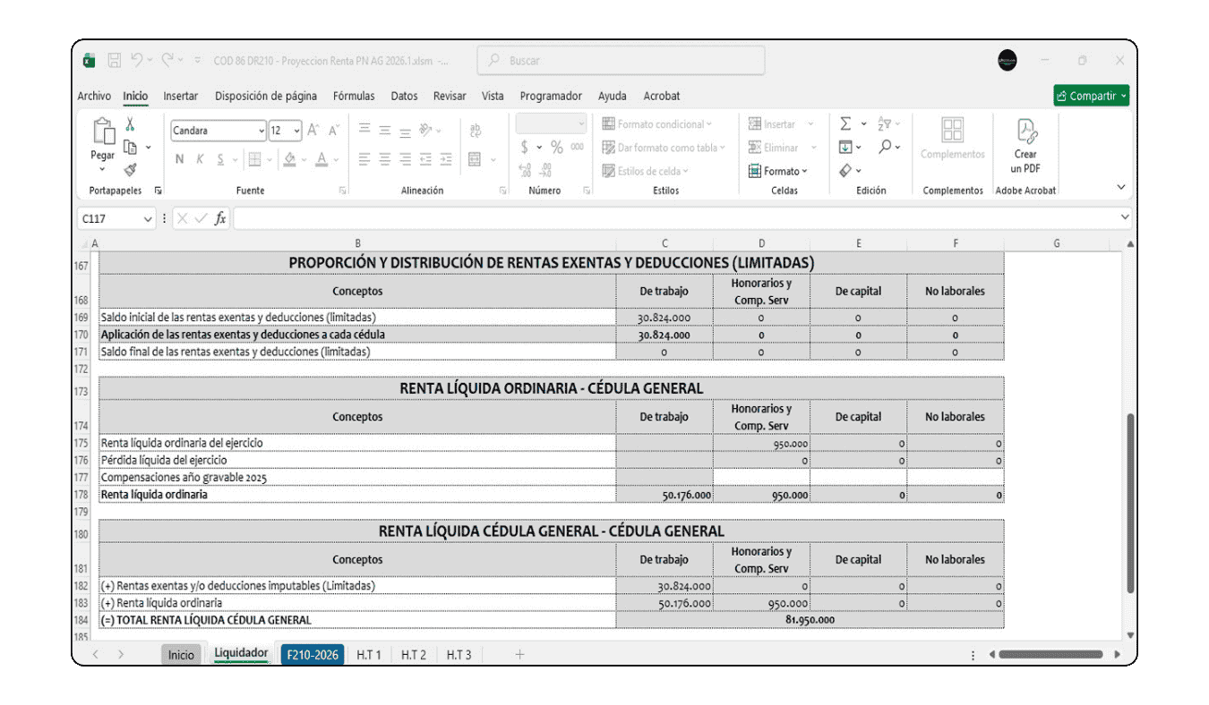 Borrador del Formulario 210 con los resultados de la depuración proyectada para el año 2026.