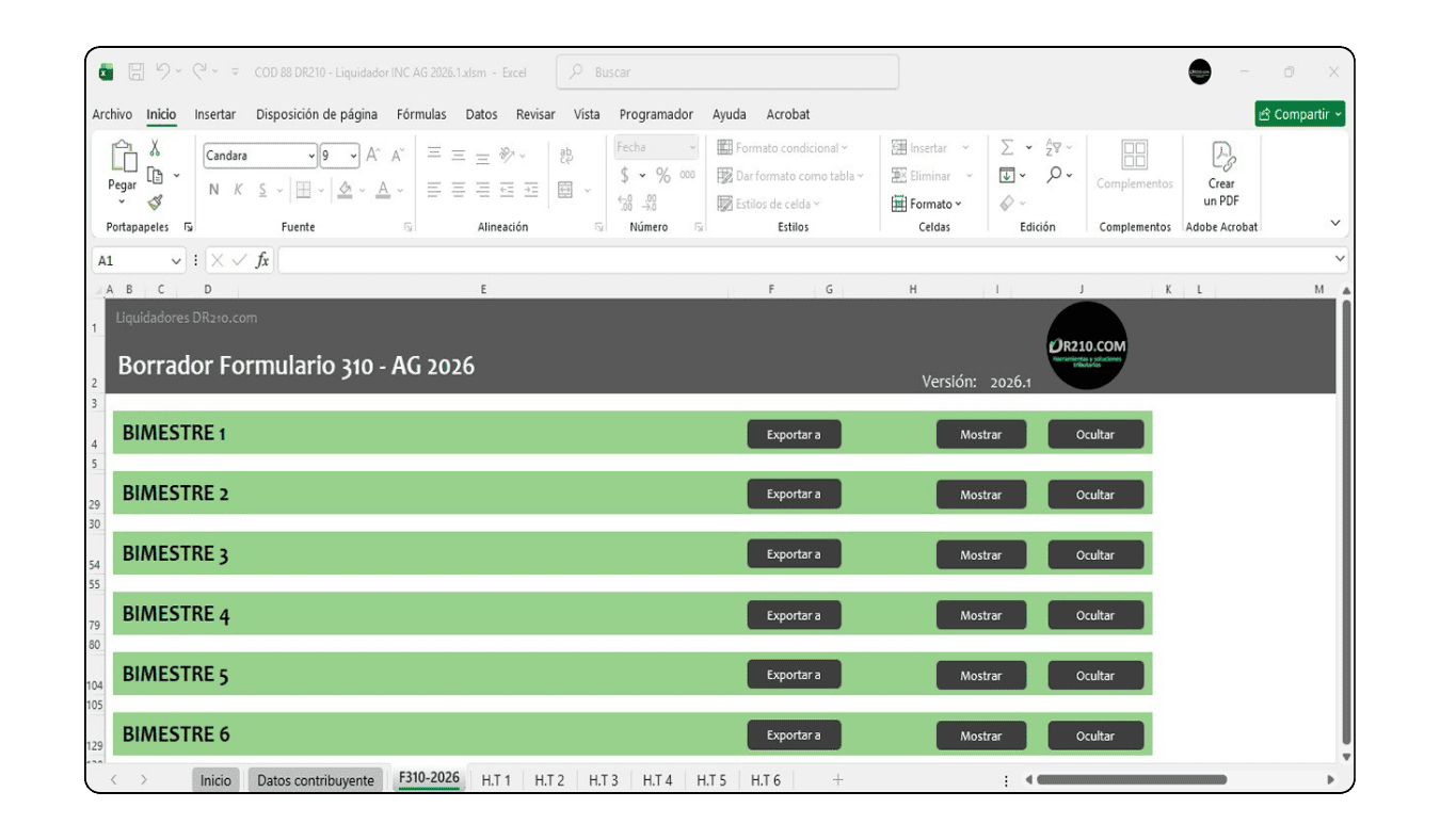 Borrador automático del Formulario 310 del Impuesto Nacional al Consumo exportable a PDF.