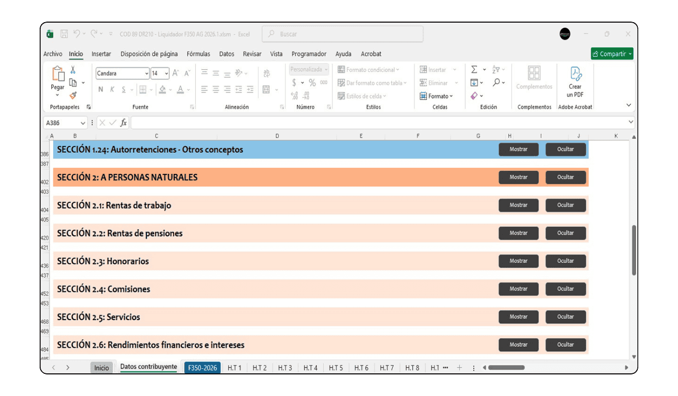 Borrador automático del Formulario 350 (Hoja 1) bajo estándares profesionales de Legis.