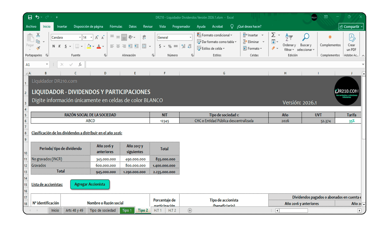 Interfaz para el cálculo de retención en la fuente de manera masiva para múltiples accionistas.