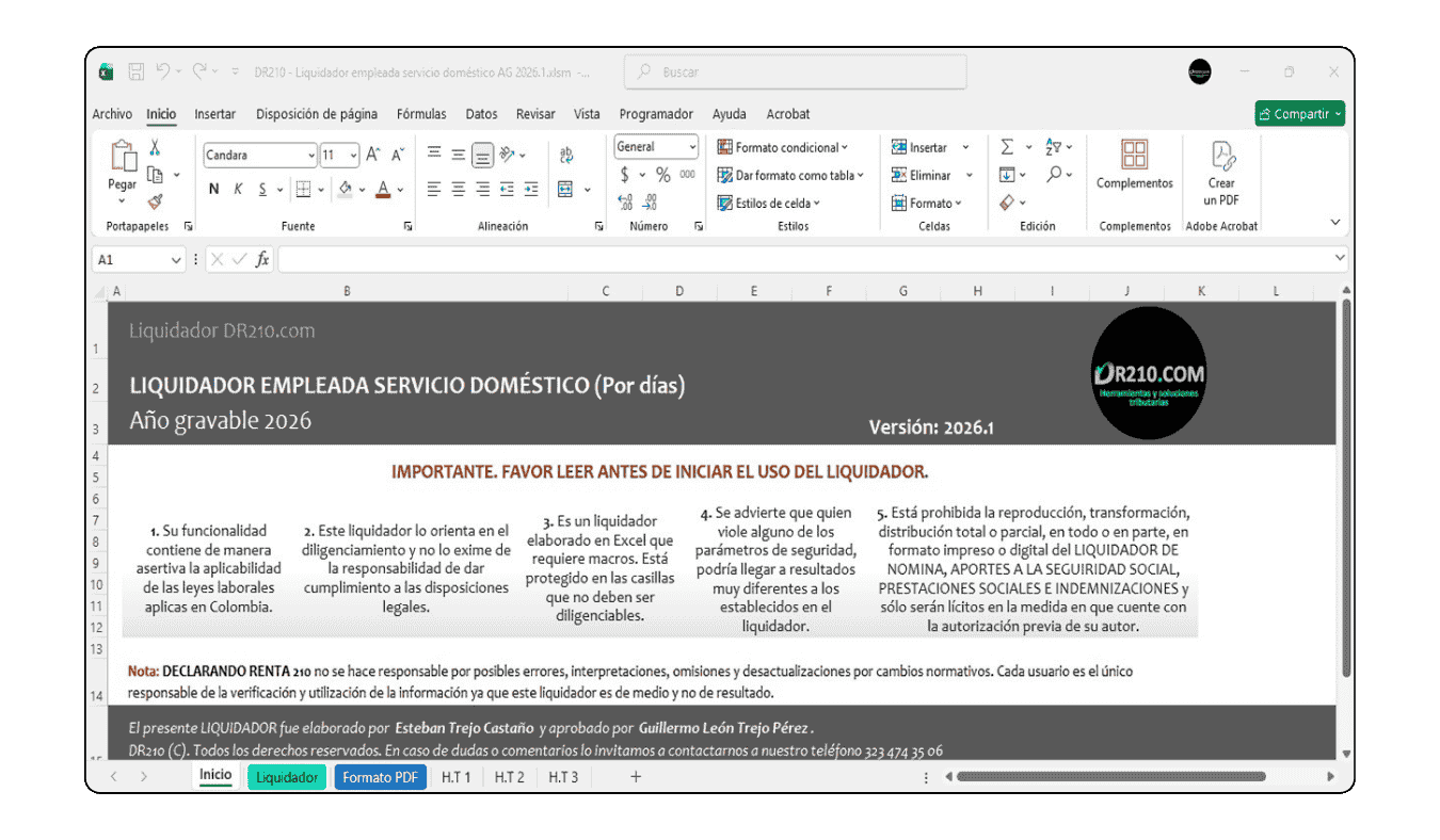 Fórmula en Excel para liquidar días de vacaciones de empleadas de servicio doméstico en Colombia.