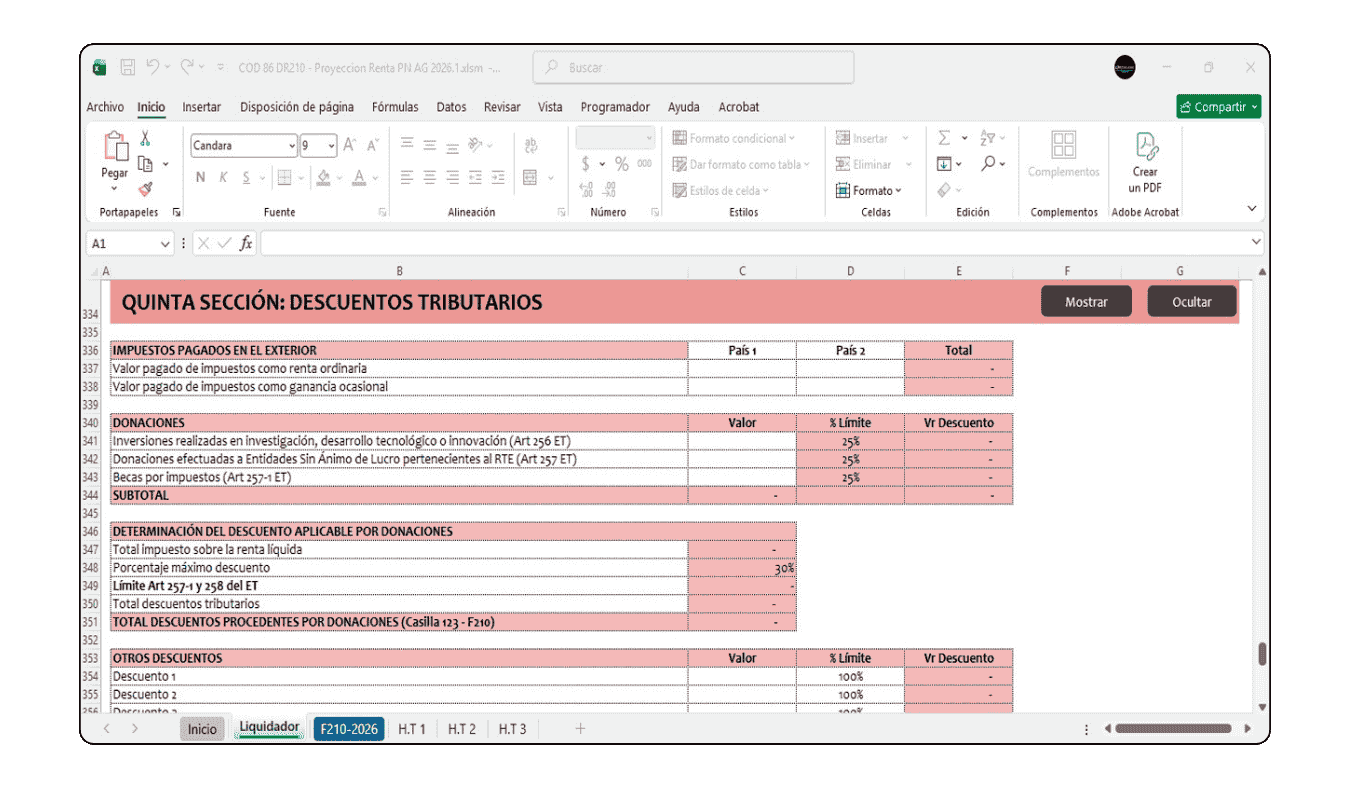 Liquidación proyectada para la cédula de pensiones y dividendos con sus respectivos beneficios tributarios.