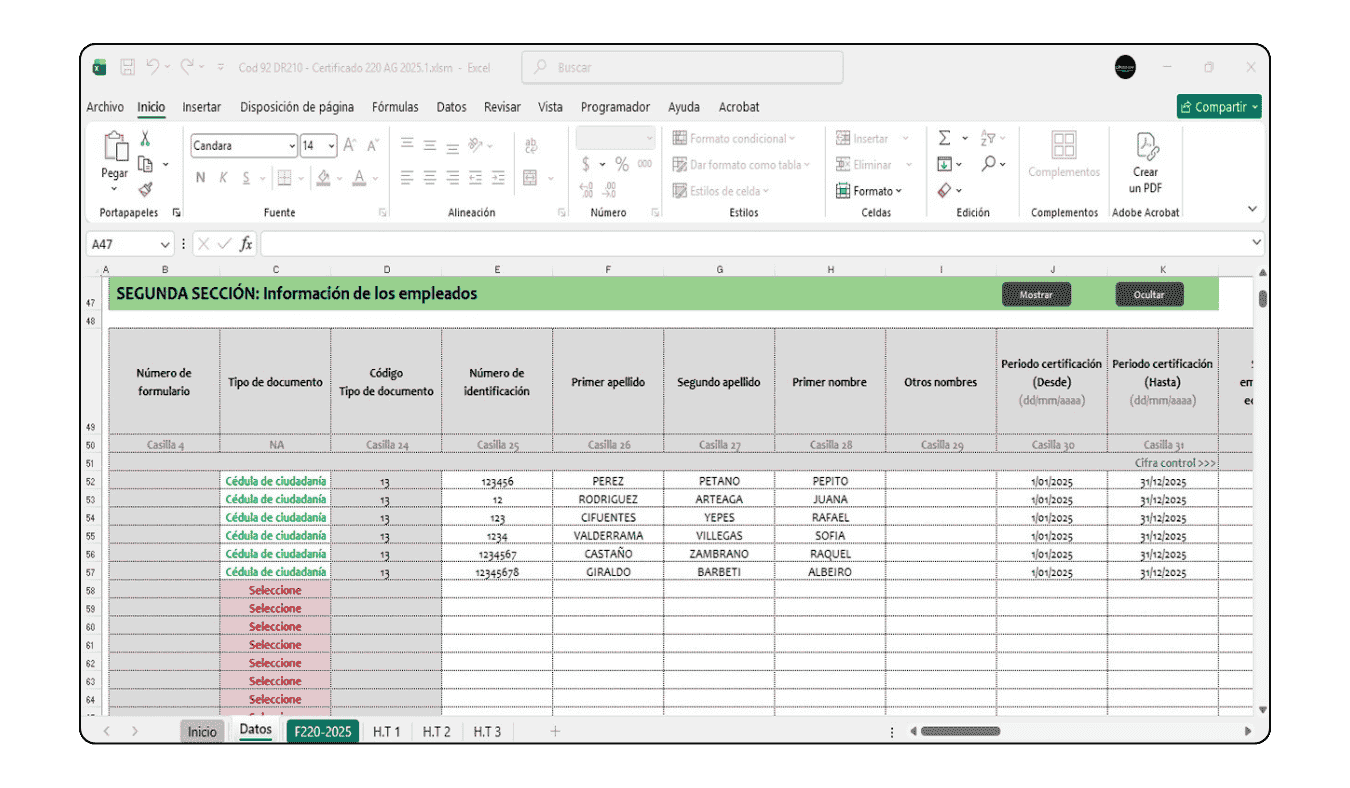 Herramienta en Excel para generar el Certificado de Ingresos y Retenciones Formulario 220 año gravable 2025.