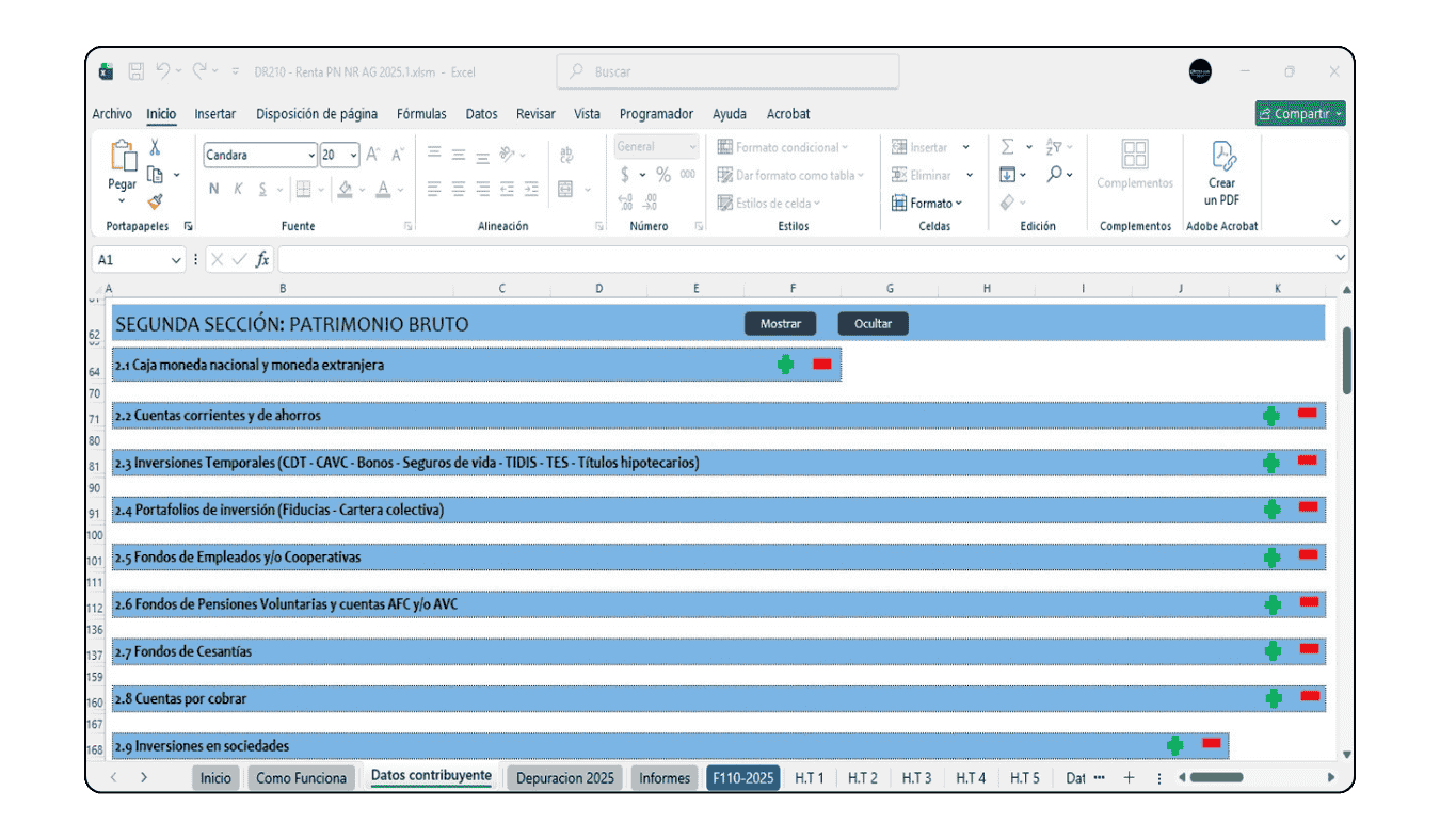 Gráficos comparativos de patrimonio y renta líquida año actual vs año anterior.