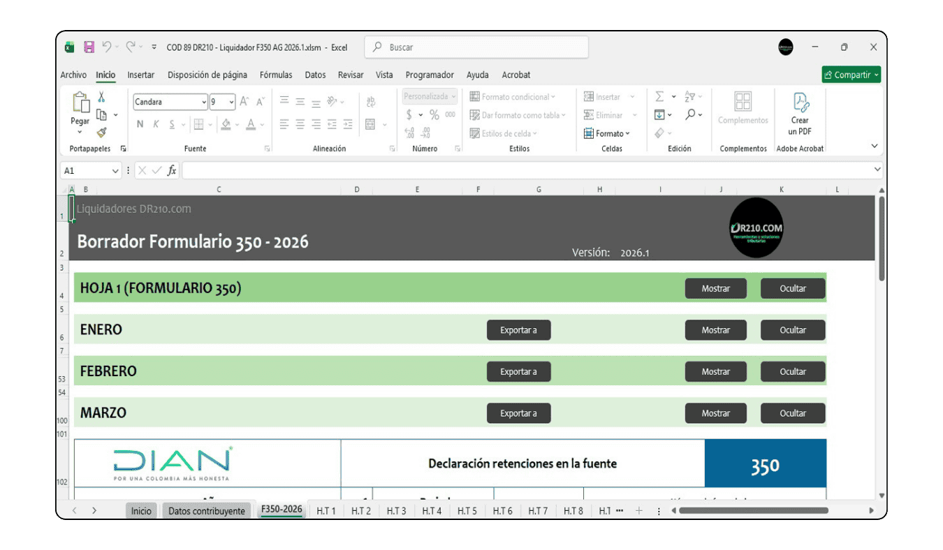 Papel de trabajo de conciliación mensual entre libros y Formulario 350 para usuarios de Siesa.