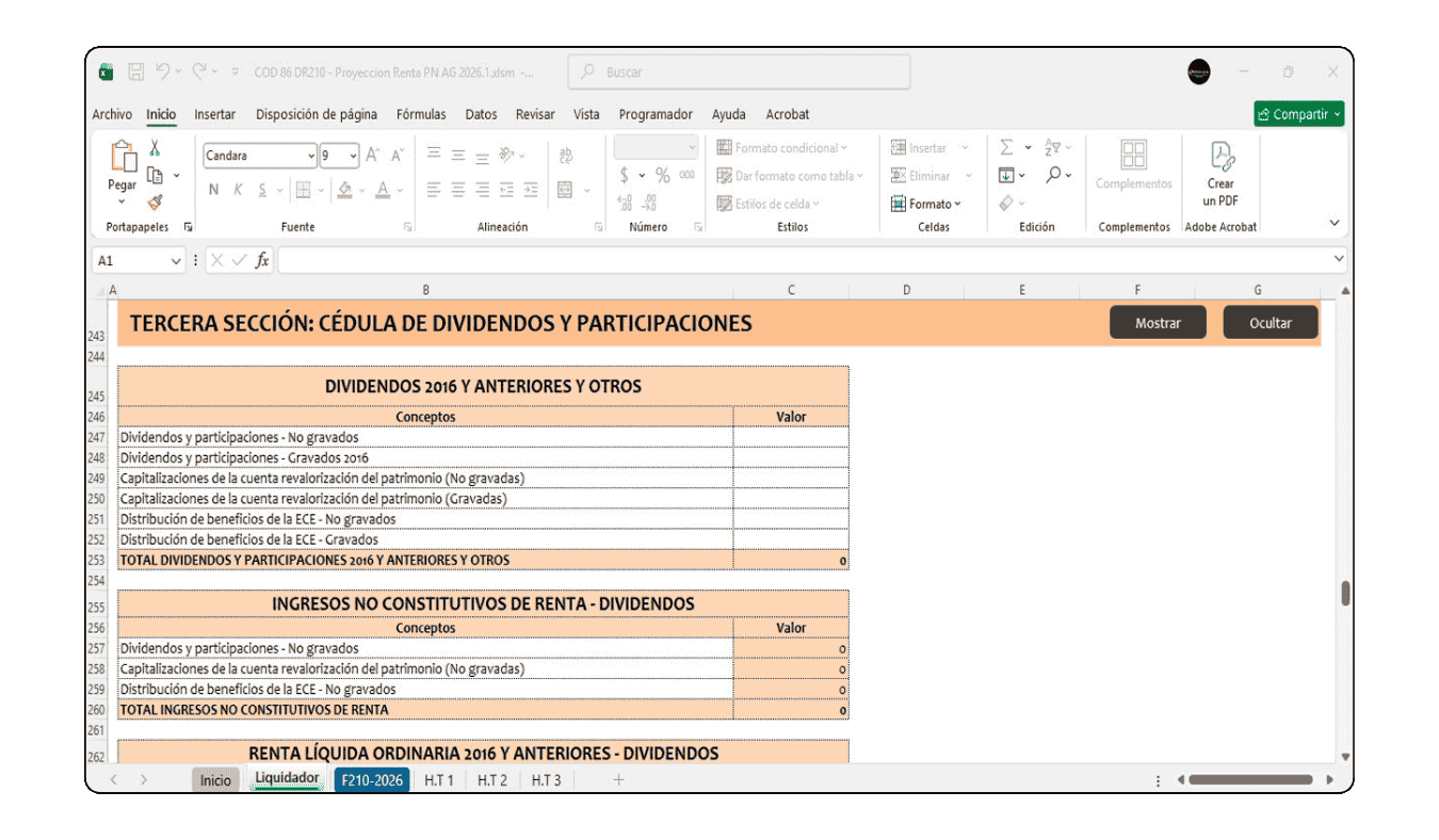 Aplicación de descuentos tributarios y límites legales en la proyección de renta de personas naturales.