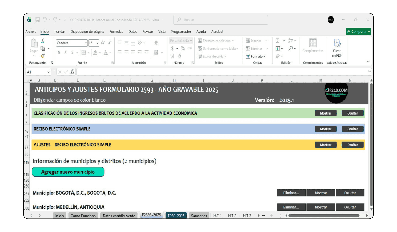 Resumen de ingresos brutos por grupo y cálculo automático de la tarifa consolidada anual.