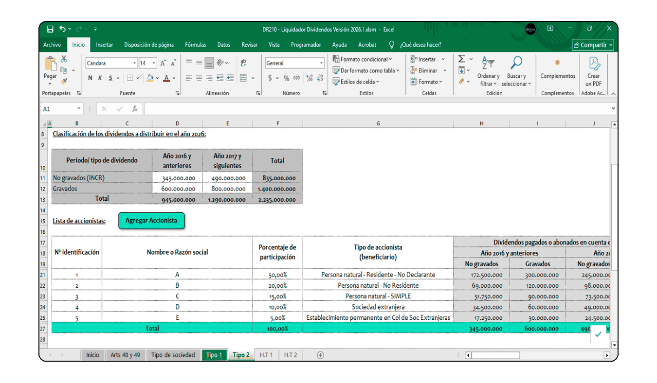Hoja de cálculo para determinar utilidades a distribuir a título de INCRNGO años 2013 a 2025.