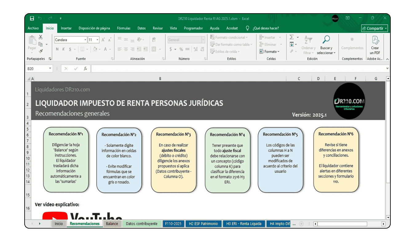 Ficha técnica del liquidador de renta PJ compatible con Office 2010+ en Windows y Mac.