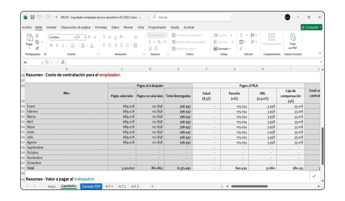 Reporte exportable a PDF con resumen de prestaciones e indemnización para firma de trabajadores domésticos.