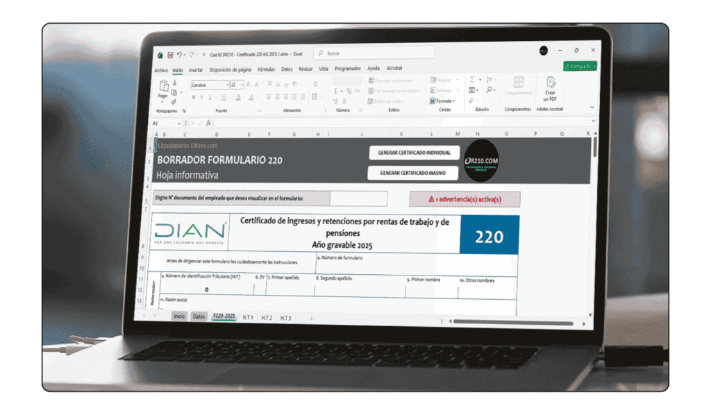 Visualización del Formulario 220 dinámico con cuadro de 8 advertencias por falta de información.