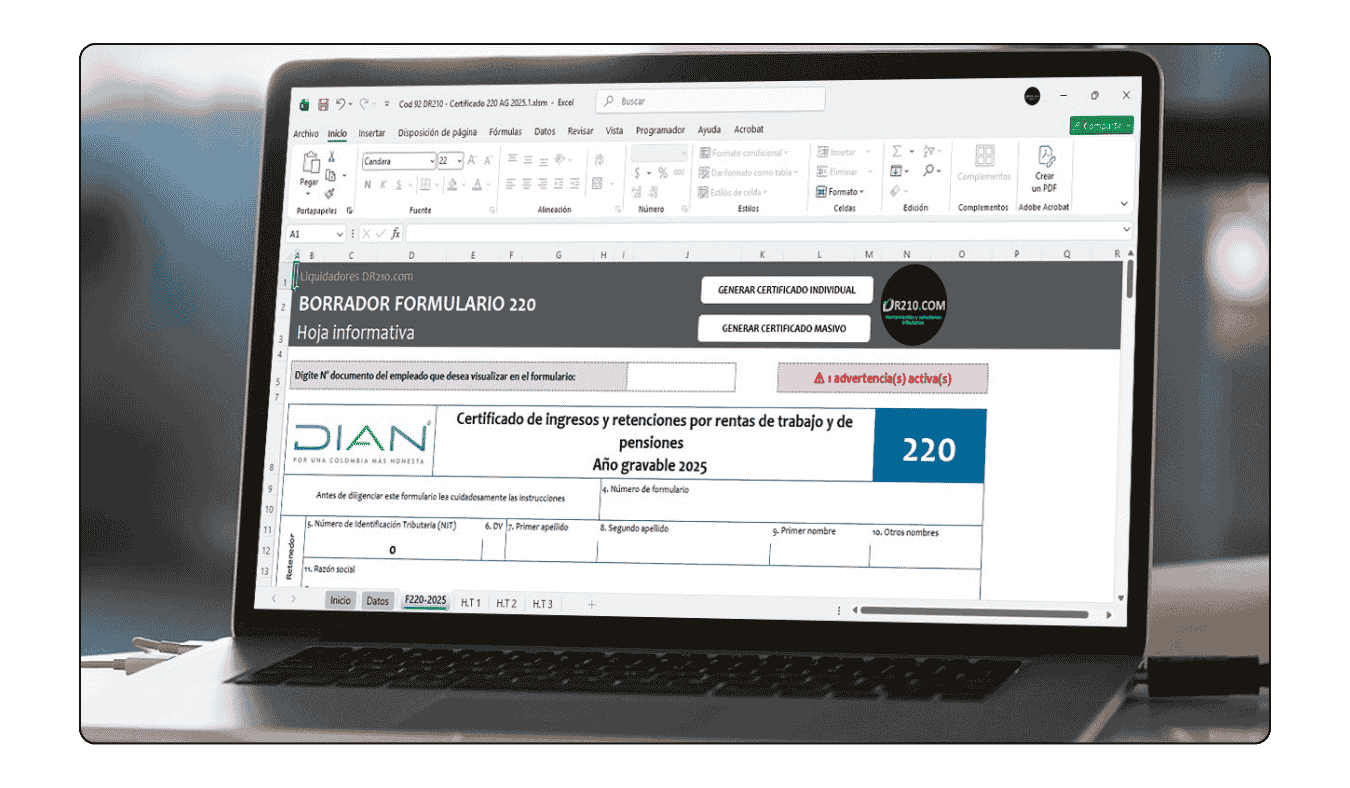 Visualización del Formulario 220 dinámico con cuadro de 8 advertencias por falta de información.
