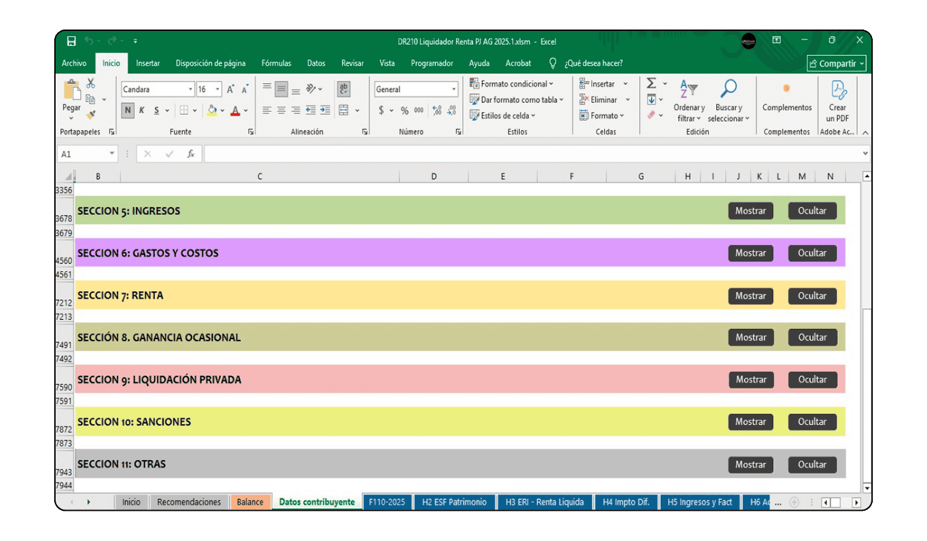 Cuadro de ganancia ocasional con precio de venta, costo fiscal y recuperación de deducciones.