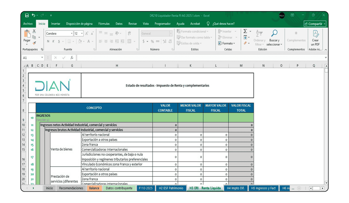 Sección de importación de balance de prueba a 6 dígitos y clasificación NIIF/PUC.