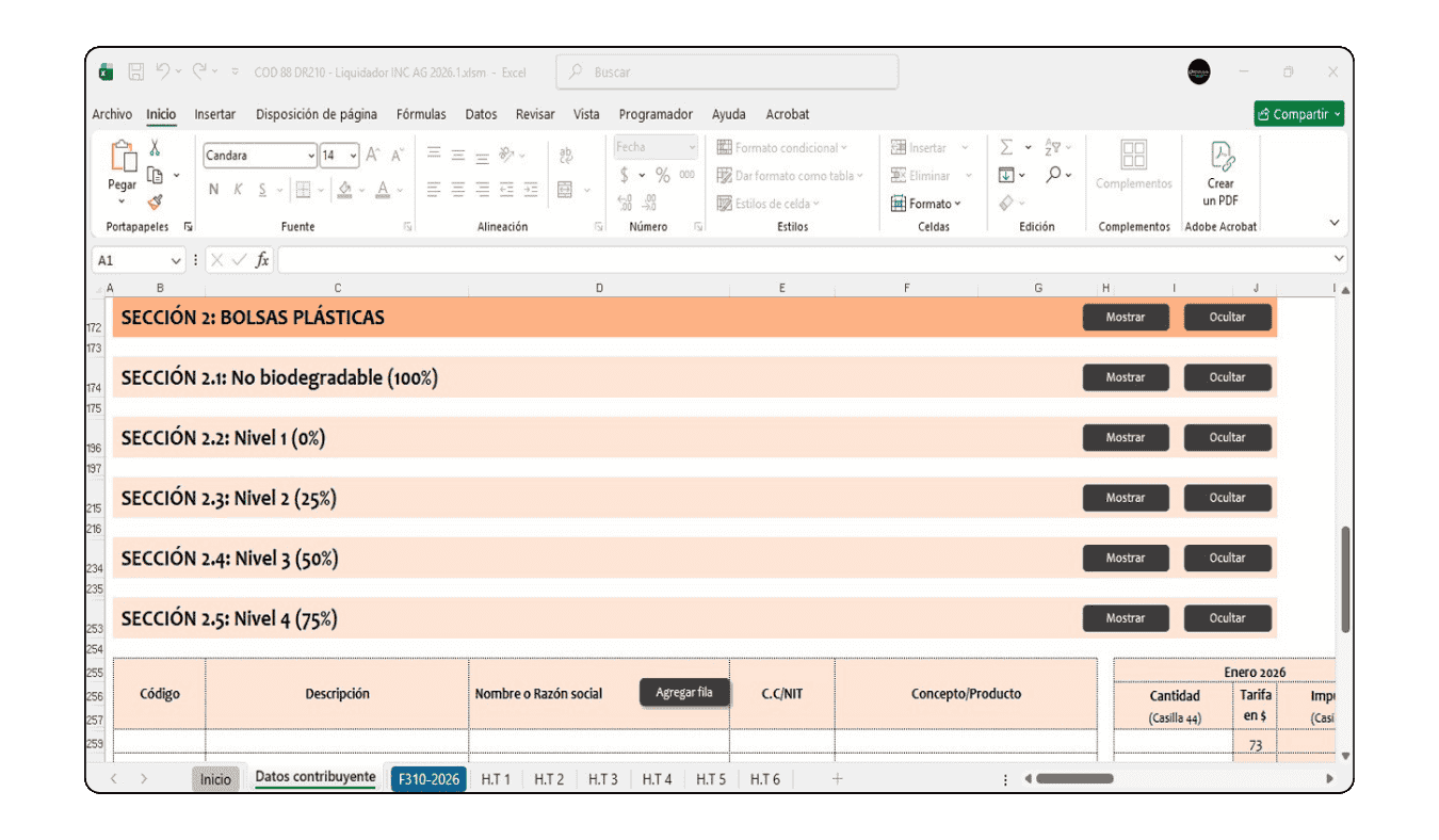 Liquidación del impuesto a las bolsas plásticas según el nivel de biodegradabilidad (0% a 100%).