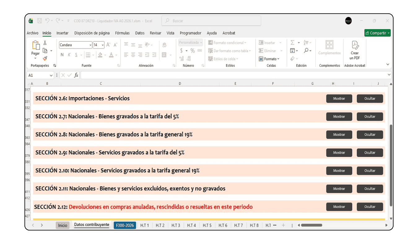 Registro de ingresos gravados al 5%, 19%, exportaciones y operaciones exentas o excluidas.