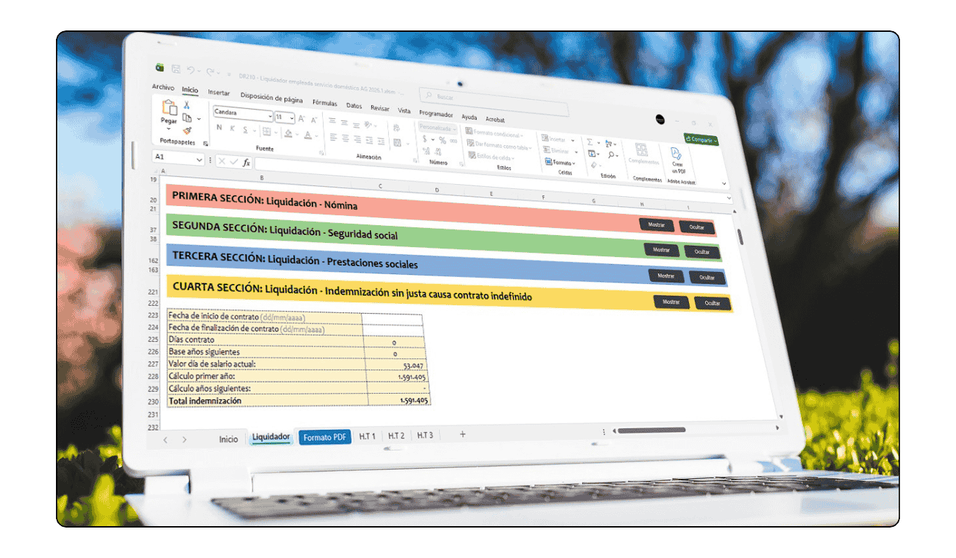 Herramienta técnica en Excel para liquidar salario y transporte de empleadas domésticas por días 2026.