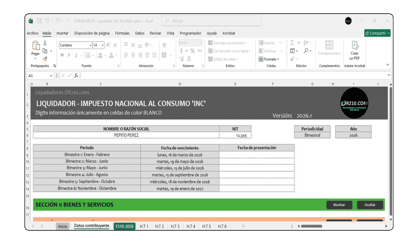 Liquidador de Impuesto Nacional al Consumo INC año 2026 para el diligenciamiento del Formulario 310.