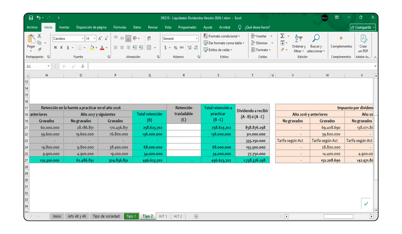 Liquidador de impuesto y retención en la fuente por dividendos y participaciones año 2026 en Excel.