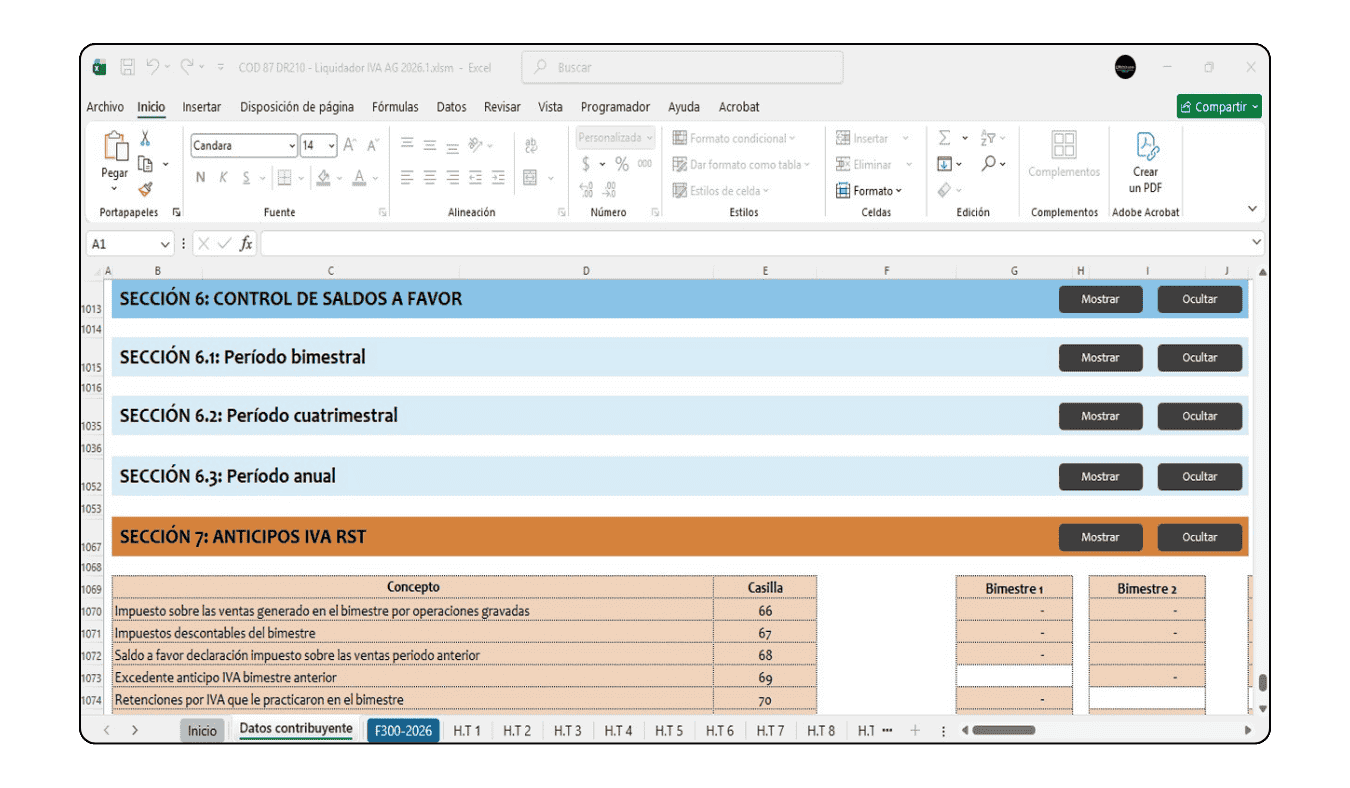 Liquidador de Impuesto sobre las Ventas IVA año 2026 en Excel para periodos bimestral, cuatrimestral y anual.