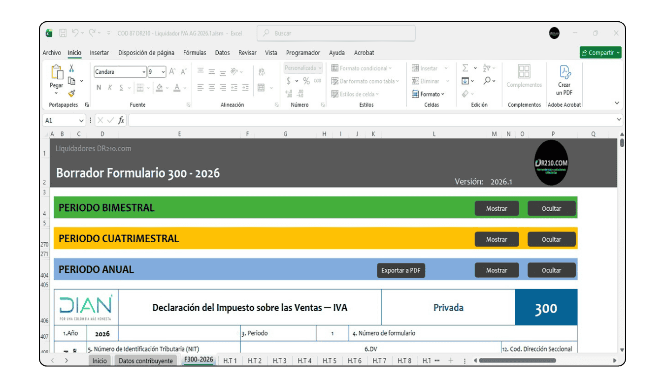 Funcionalidad de agregar filas mediante macro para registrar transacciones ilimitadas de IVA.