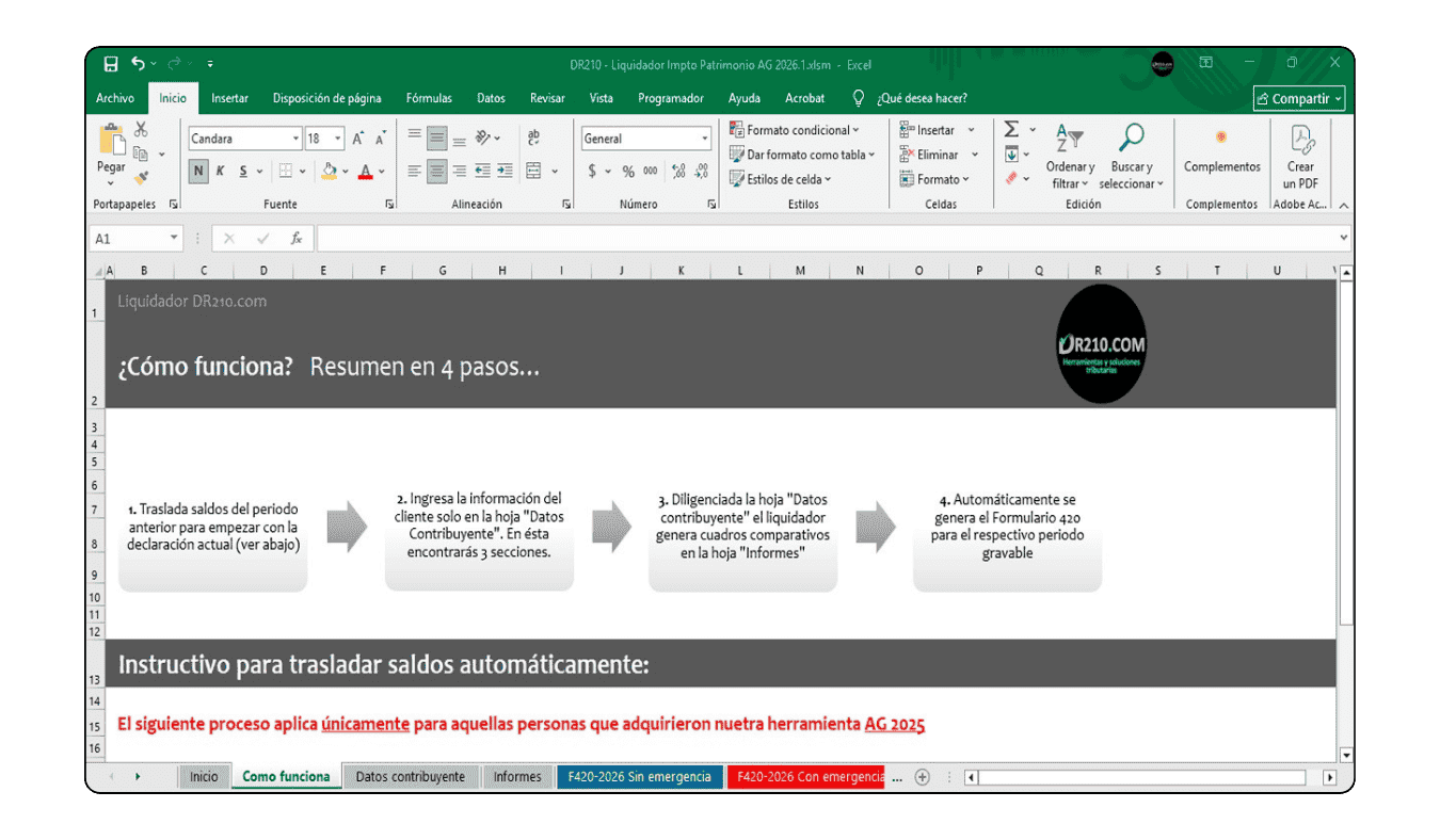 Hojas de trabajo adicionales para cálculos personalizados y soporte del impuesto al patrimonio.