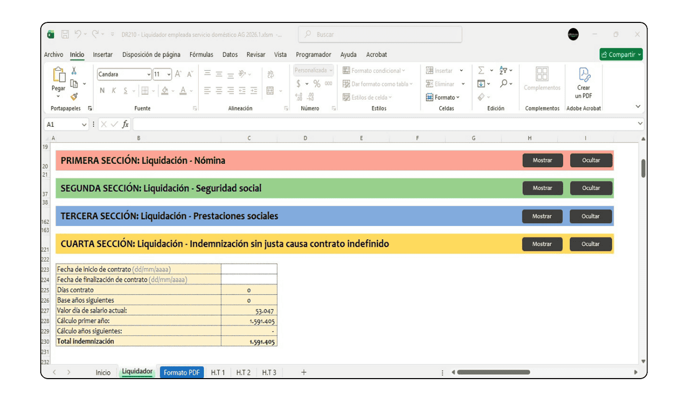 Formato para liquidar cesantías, intereses y prima de servicios de empleadas domésticas en Excel.