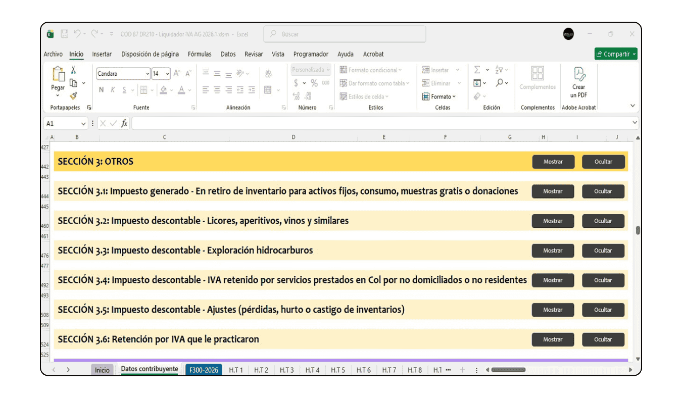 Cálculo automático de prorrateo de IVA para contribuyentes con operaciones gravadas, exentas y excluidas.