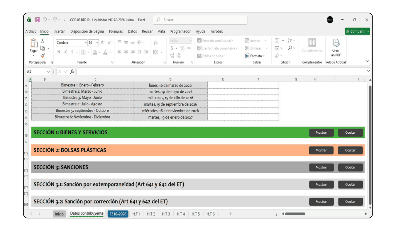 Cálculo de sanciones por extemporaneidad y corrección para el Impuesto Nacional al Consumo.