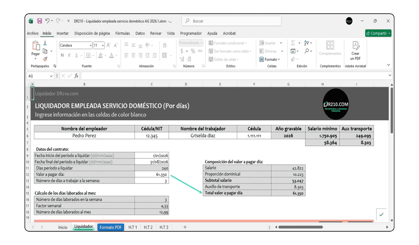 Simulador de aportes a salud, pensión y ARL para trabajadores del hogar por días en Colombia.