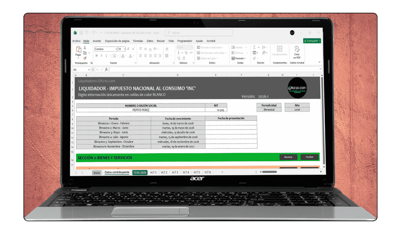 Liquidación de INC con tarifas del 4%, 8% y 16% para servicios gravados y venta de bienes.