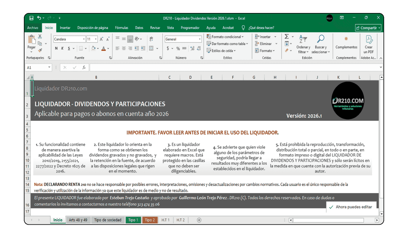 Configuración de 13 tipos de beneficiarios y variables de distribución de dividendos.