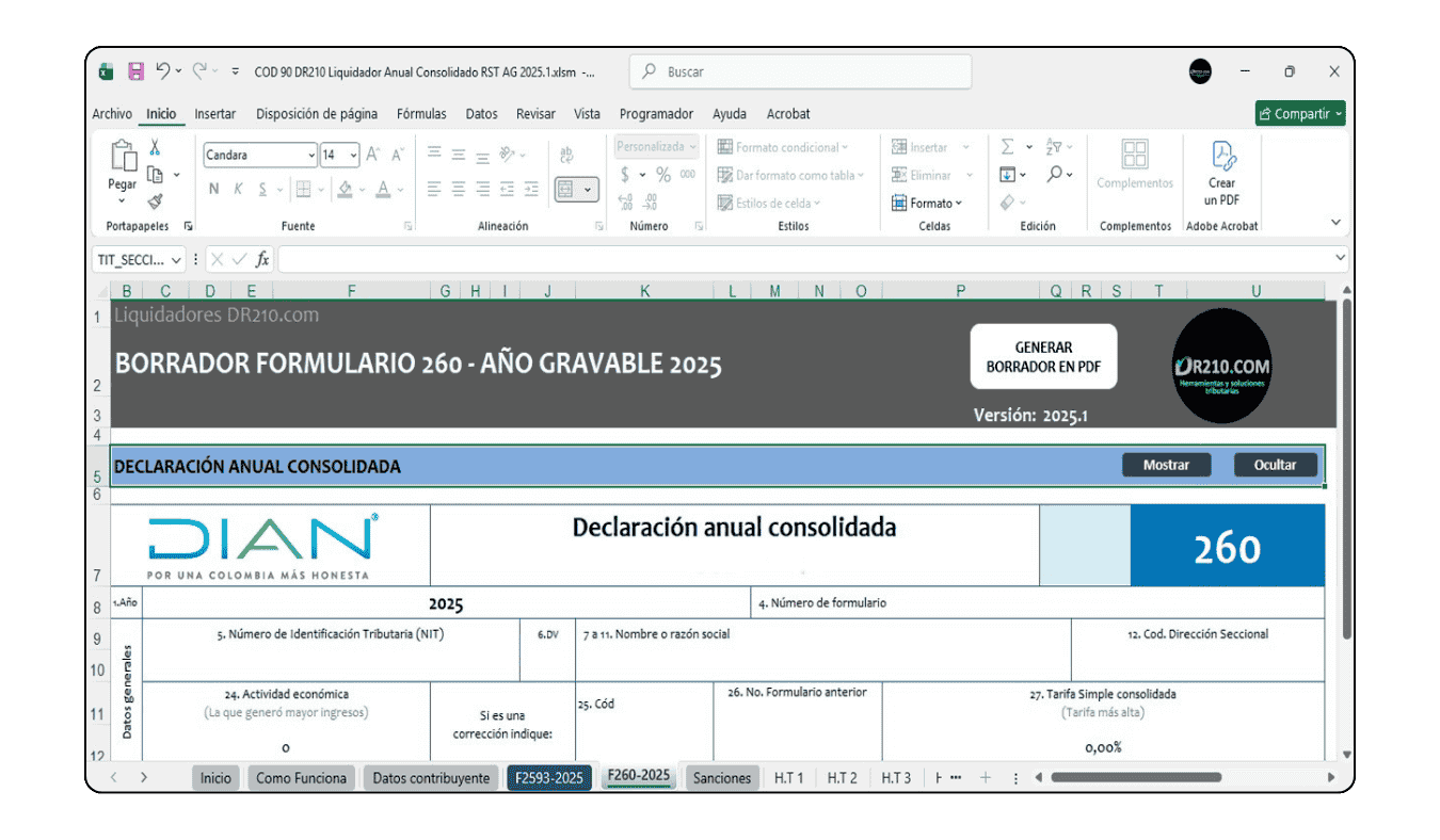 Hoja para transcribir los valores de los seis bimestres del Formulario 2593 al Formulario 260.